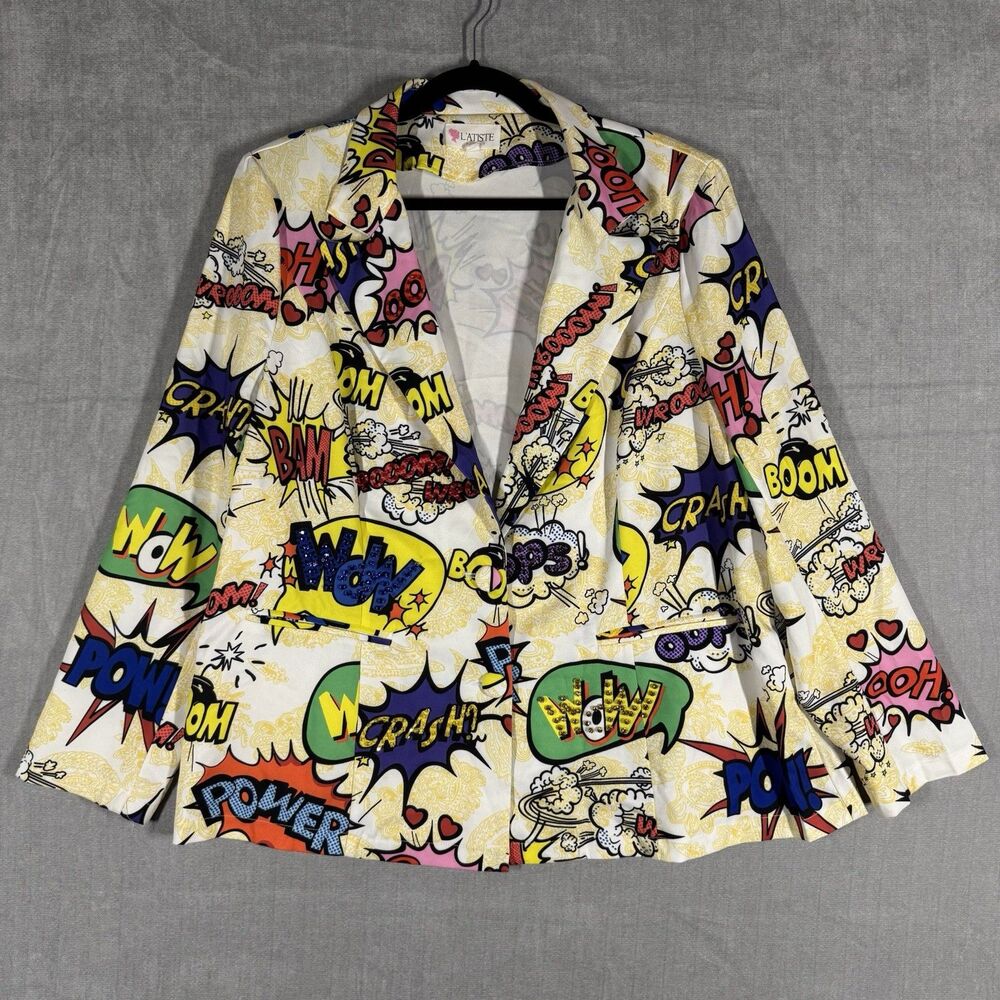 L'ATISTE BY AMY Blazer Womens Plus 1X Pop Art Comic Print Rhinestone WOW BOOM